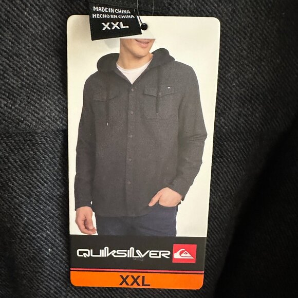 Quiksilver Men's Hooded Buttoned Flannel Shirt Size XXL Black Plaid Y2K (NEW) - Picture 1 of 13